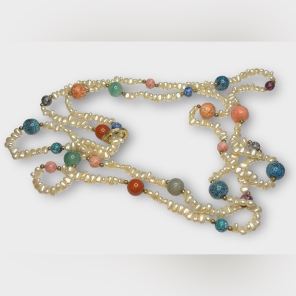 Vintage Double Strand Pearl & Gemstone Beaded Necklace Jade Jasper Amazonite etc - Picture 5 of 12